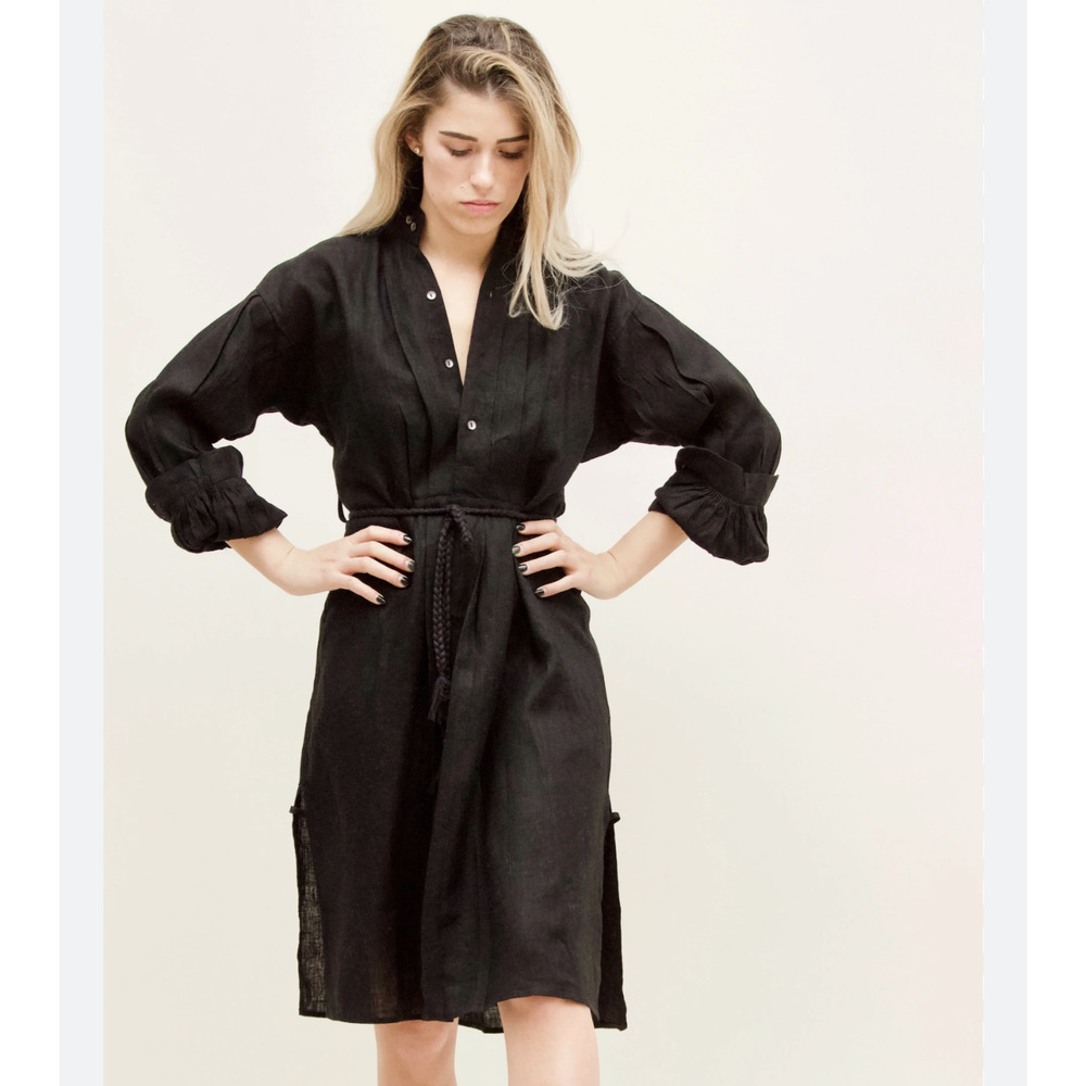 NWT DARYL K GENTLEWOMAN PEASANT DRESS IN NAVY LINEN; SIZE LARGE